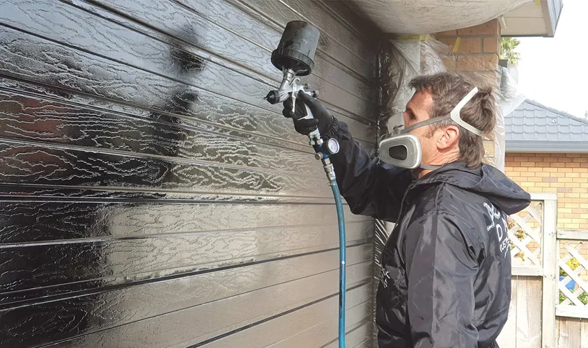 Nano-Clear professional applying a protective coating with a spray gun to restore and protect a residential garage door in New Zealand.