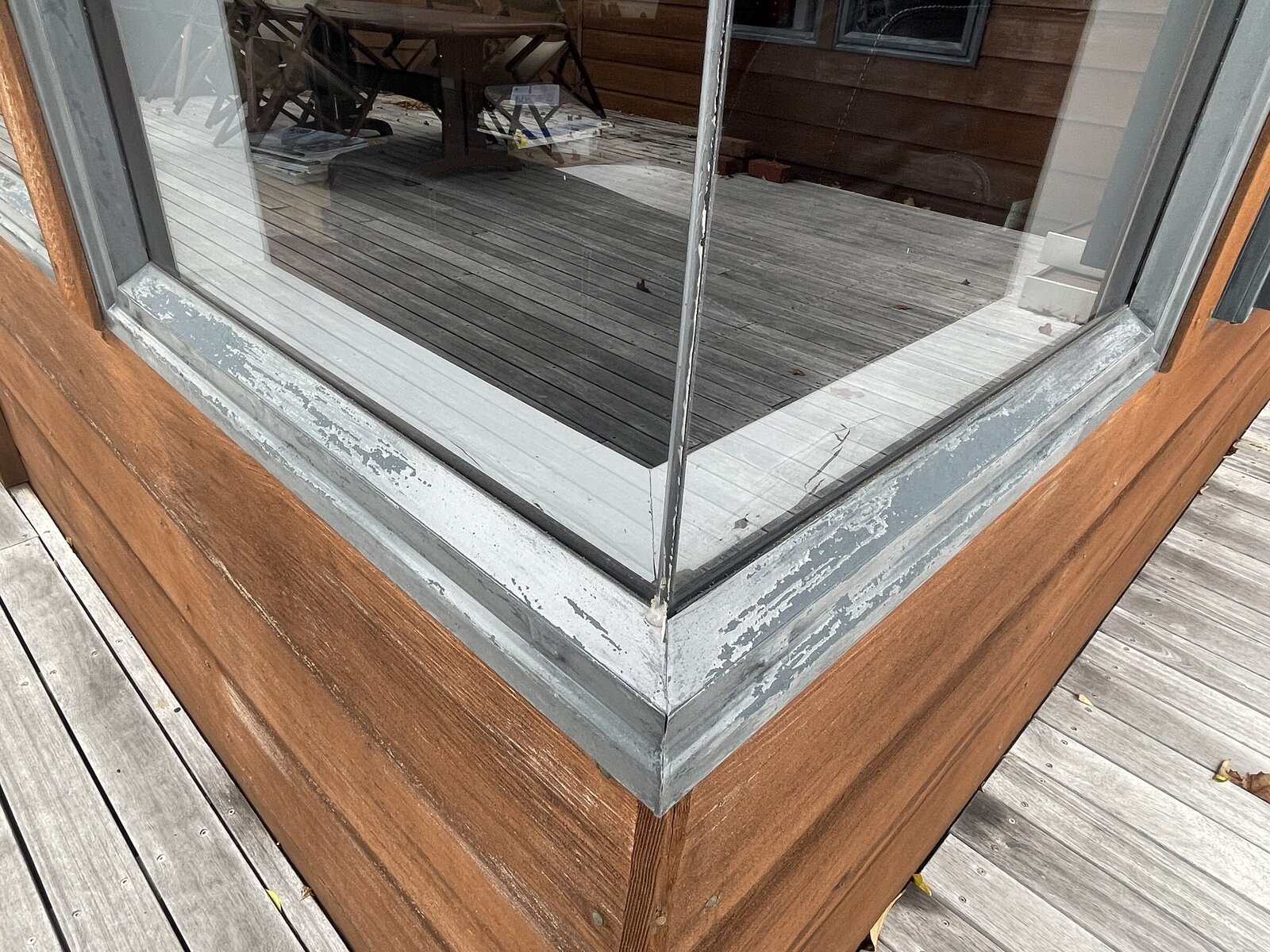 Faded aluminium window joinery before Nano-Clear rejuvenation